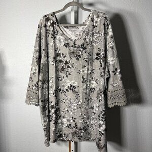 Woman Within Grey, Black & White Floral 3/4 Sleeve Blouse SZ 4X